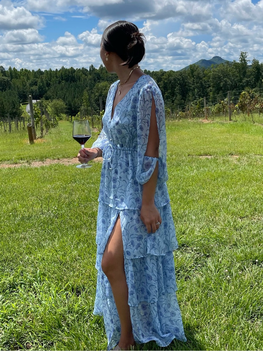Light Blue Printed Maxi Dress with Slit
